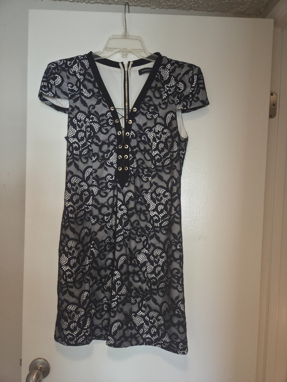Mangano Black Lace Overlay Short Sleeve Dress with Lace-Up V-Neck